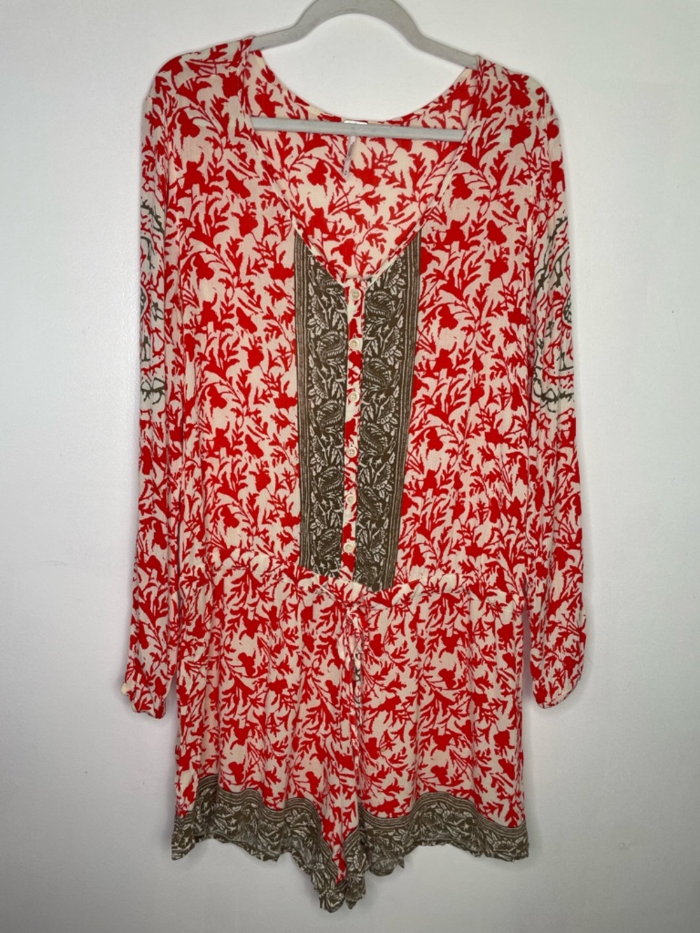 Free People Red & Cream Long-Sleeve Floral Romper M